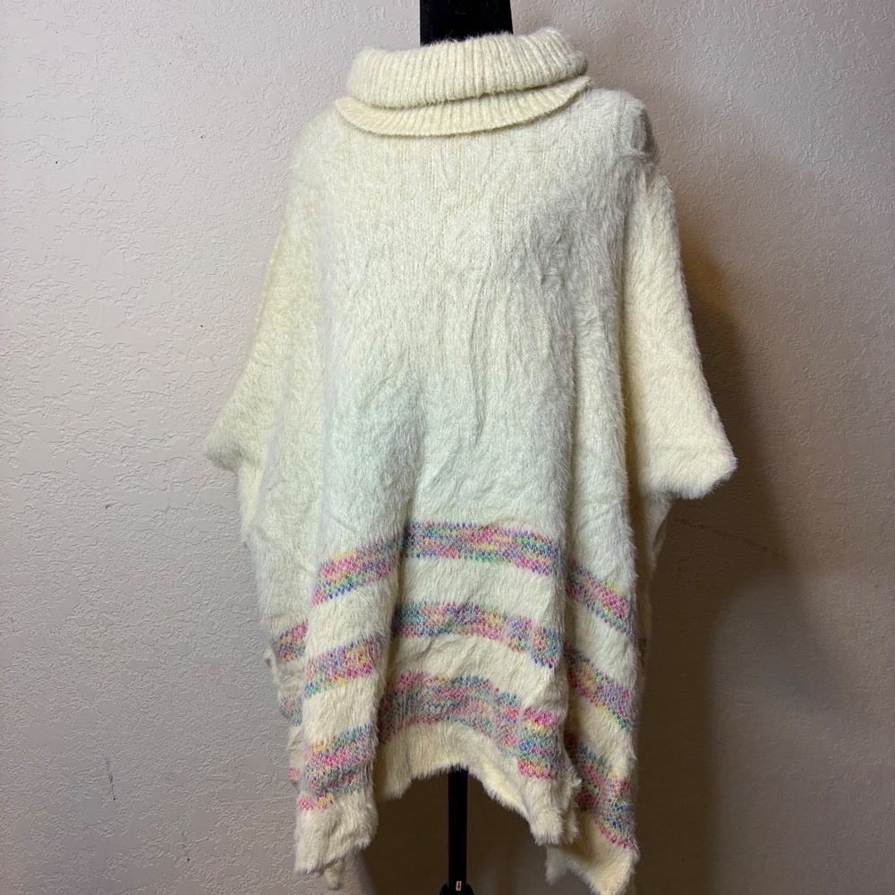 Francesca's Ivory Mohair Cowl Neck Poncho Sweater One Size Rainbow Stripe NEW